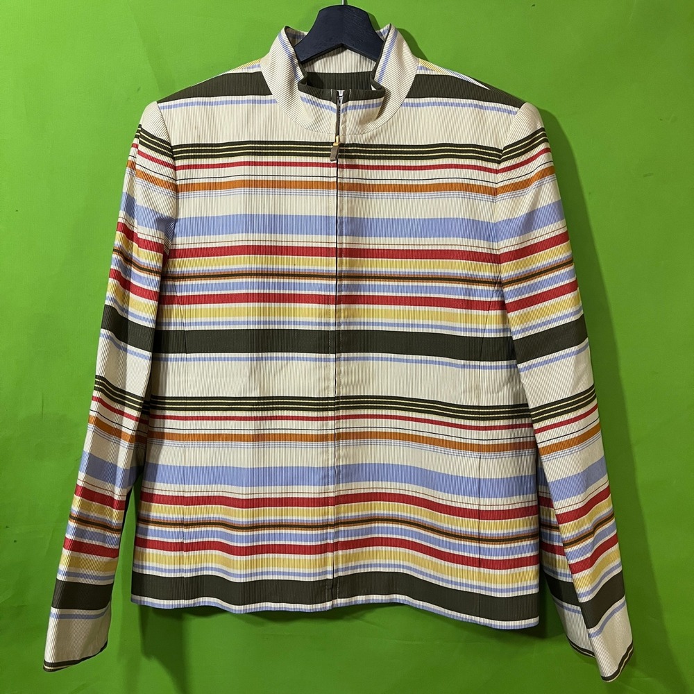 Carlisle Womens Size 14 Striped Zip Front Jacket Cotton Silk Blend Mock Neck